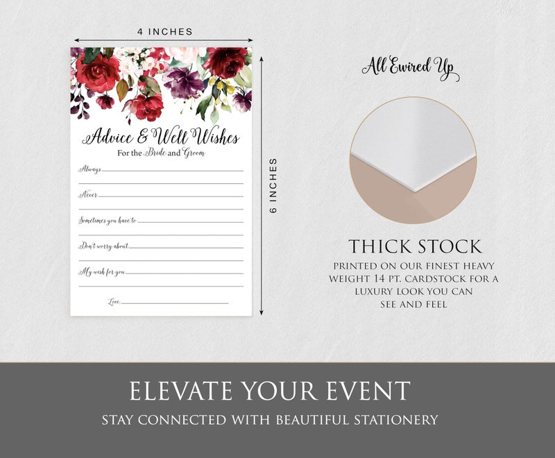 All-Ewired-Up Pack of 50 Wedding Advice Cards for Bride and Groom- Burgundy Well Wishes for Bride-Bridal Shower Games for Guests, Reception, Bridal Shower Guest Book Alternative-Advice and Wishes for the Mr and Mrs - Image 2